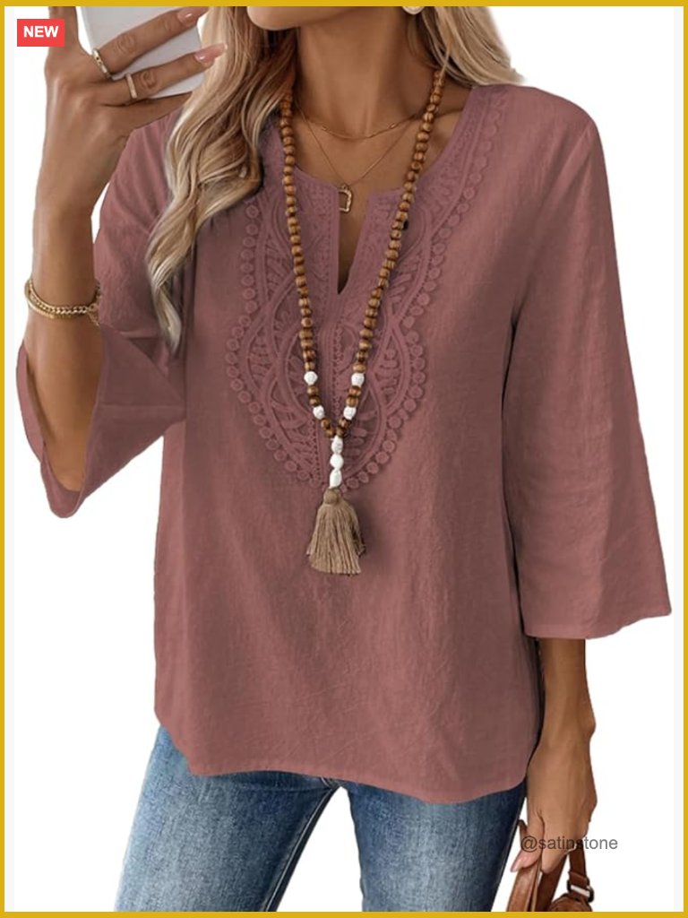 Boho V-Neck 3/4 Sleeve Blouse Embroidered Lace Tunics Shirt Spring Outfits